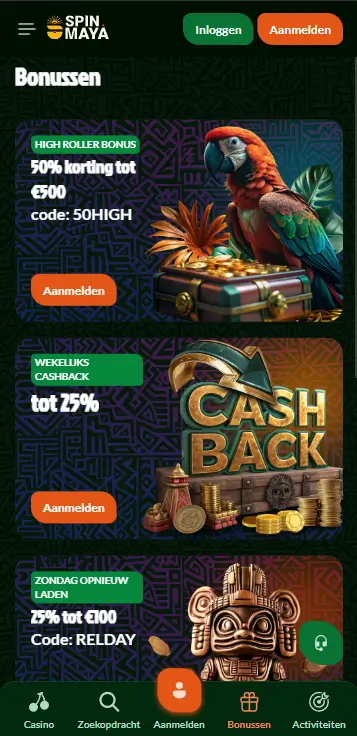 Spinmaya Casino bonuspagina op mobiel met High Roller Bonus 50% tot €500, wekelijkse cashback tot 25% en zondag reload 25% tot €100
