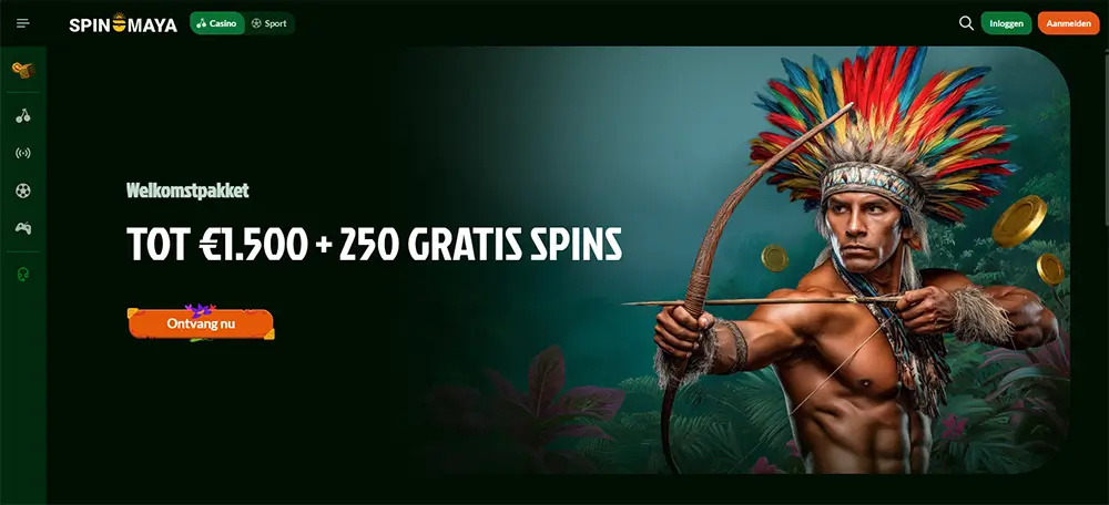 Spinmaya Casino homepagina banner met welkomstpakket tot €1.500 plus 250 gratis spins en een inheemse krijger met boog