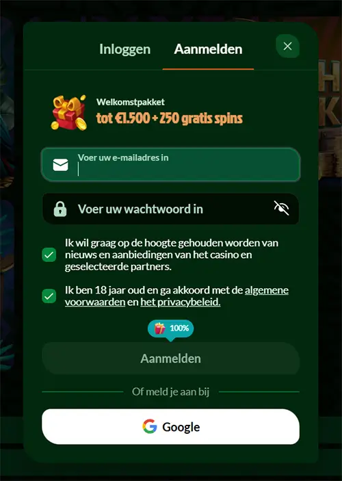 Spinmaya Casino registratieformulier met welkomstbonus tot €1.500 en 250 gratis spins, e-mailinvoer en Google-aanmeldoptie