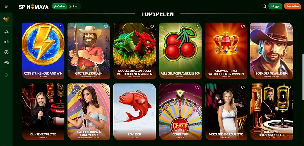 Spinmaya Casino topspelen sectie met populaire slots zoals Coin Strike, Grote Bass Splash en live casinospellen van Evolution